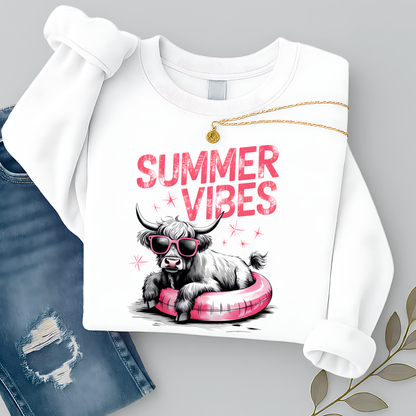 White sweatshirt with 'Summer Vibes' design featuring a highland  cow on a gray background