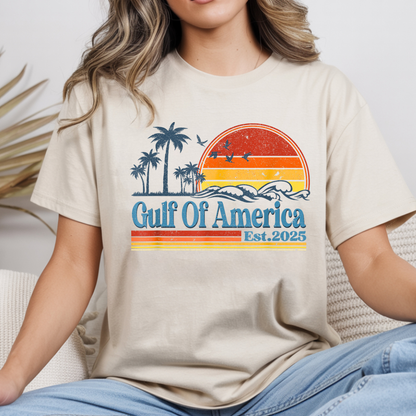 Woman wearing a t-shirt with 'Gulf Of America Est. 2025' design.