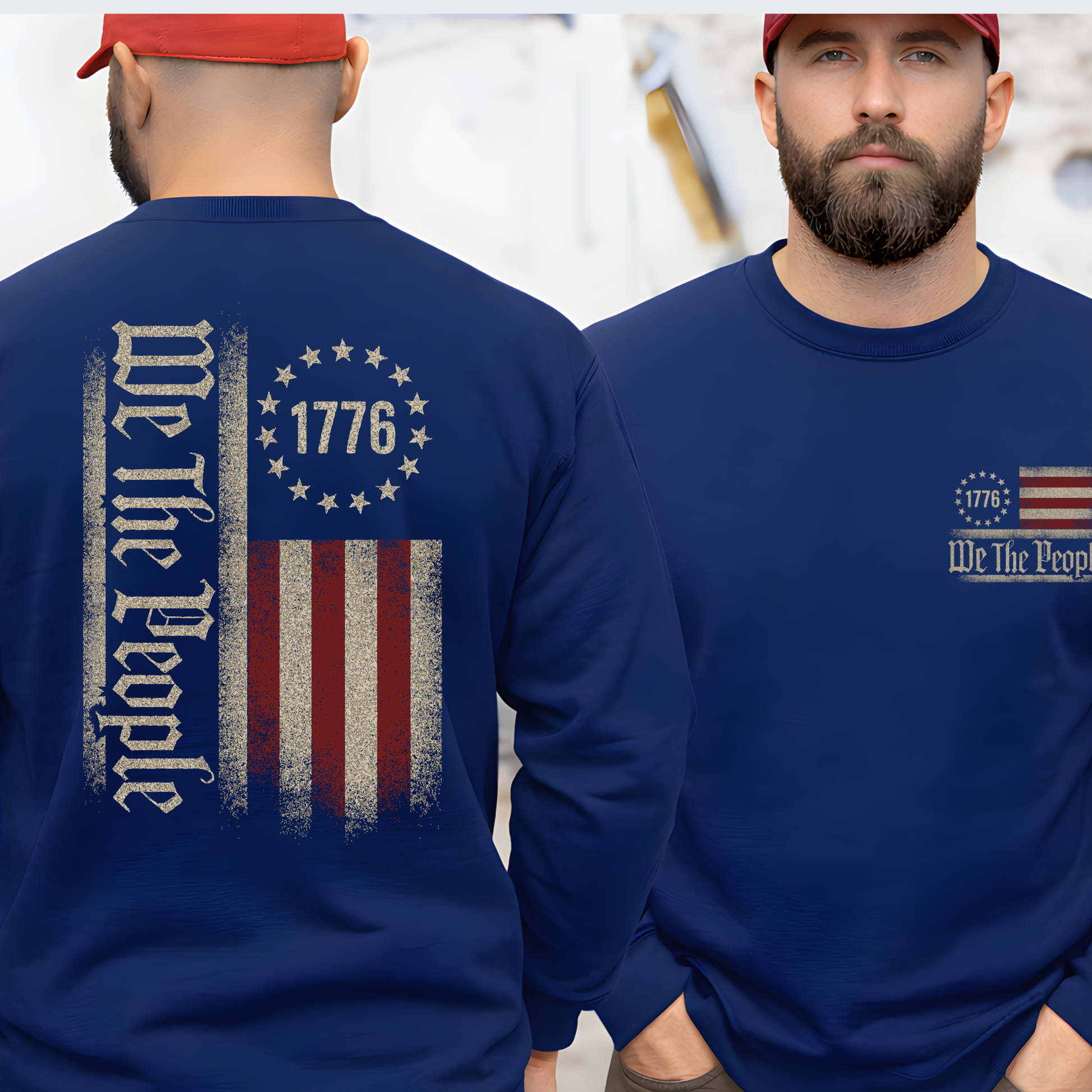 Man wearing a blue sweatshirt with 'We The People' and 1776 design on the front and back.