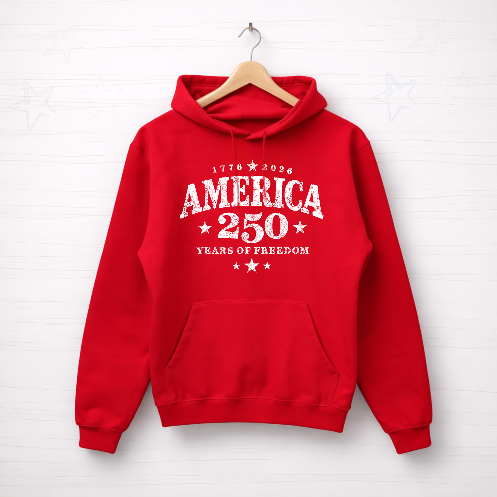 Red hoodie with 'America 250 Years of Freedom' text on a white background