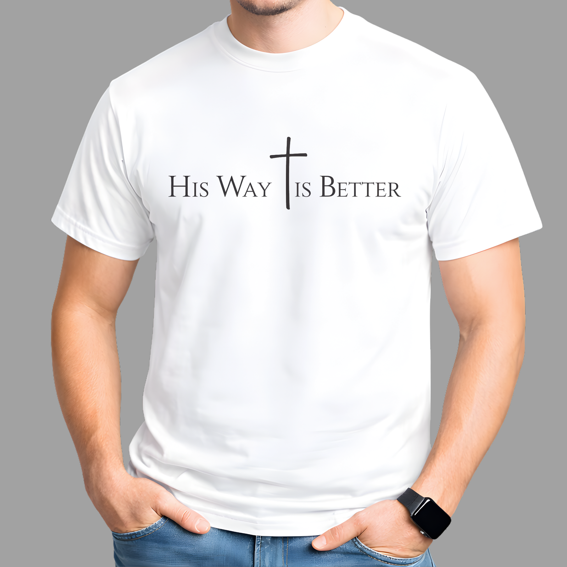 White t-shirt with 'His Way is Better' text and cross design on a gray background