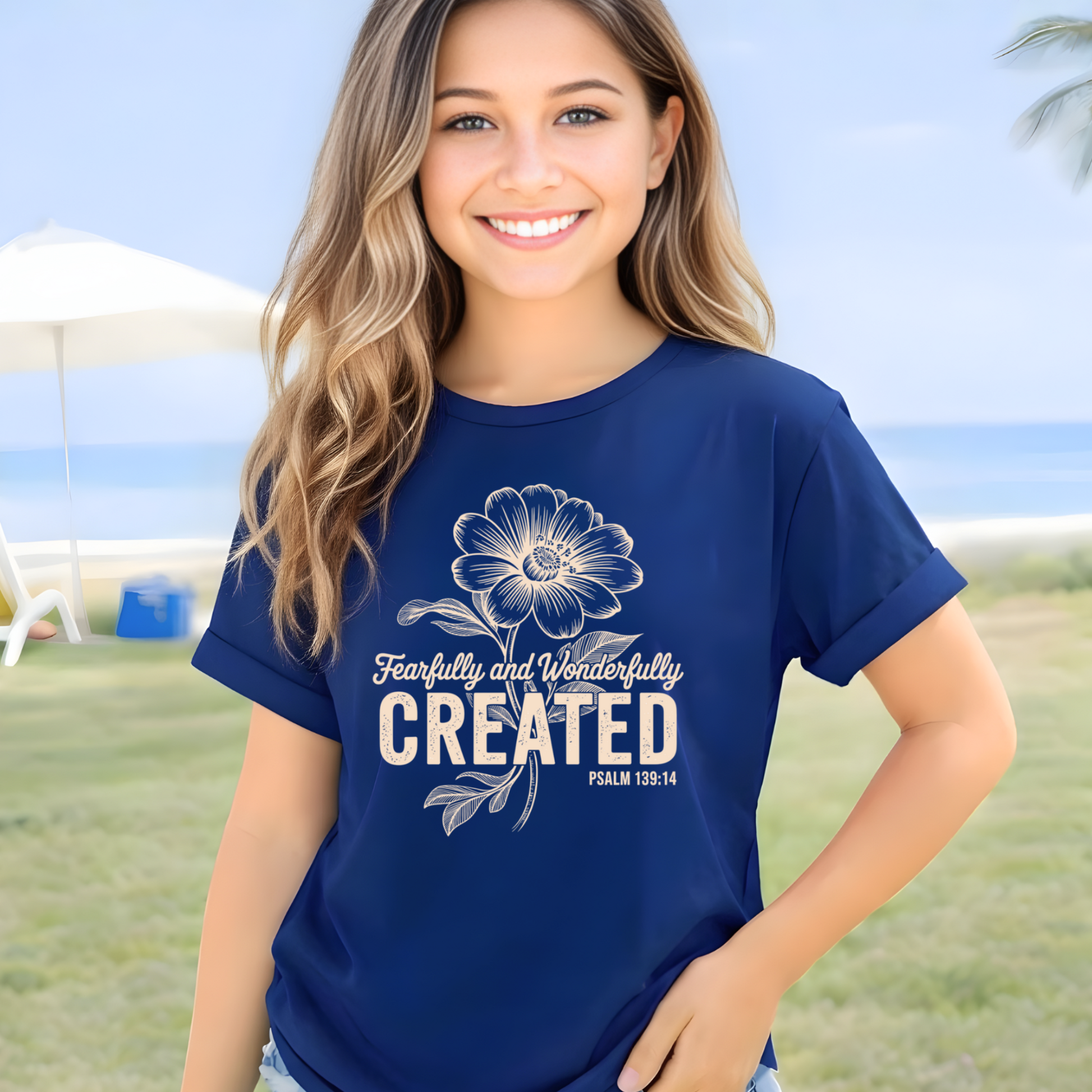 Teen Girl wearing a blue t-shirt with a floral design and text at a beach.