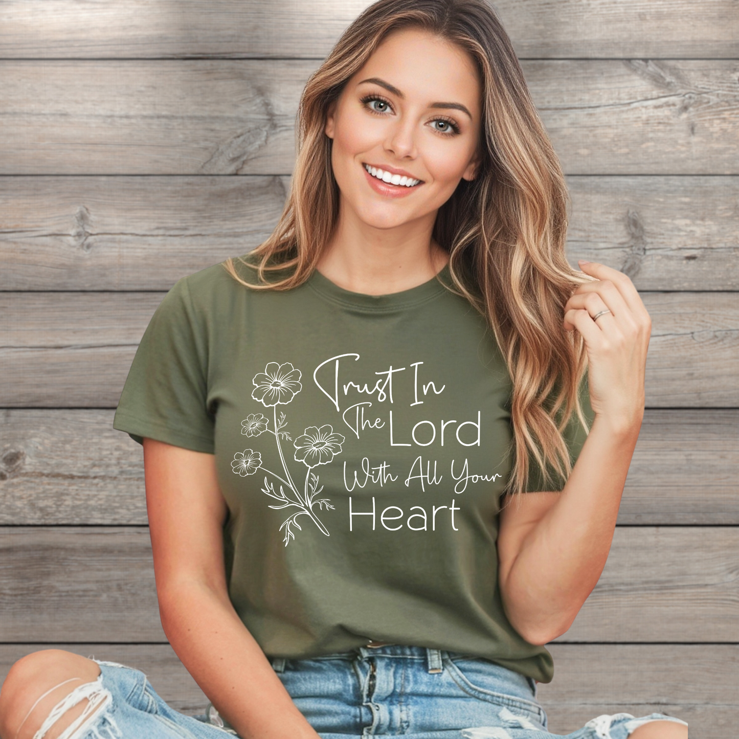 Woman wearing military green unisex Christian t-shirt with trust in the Lord text