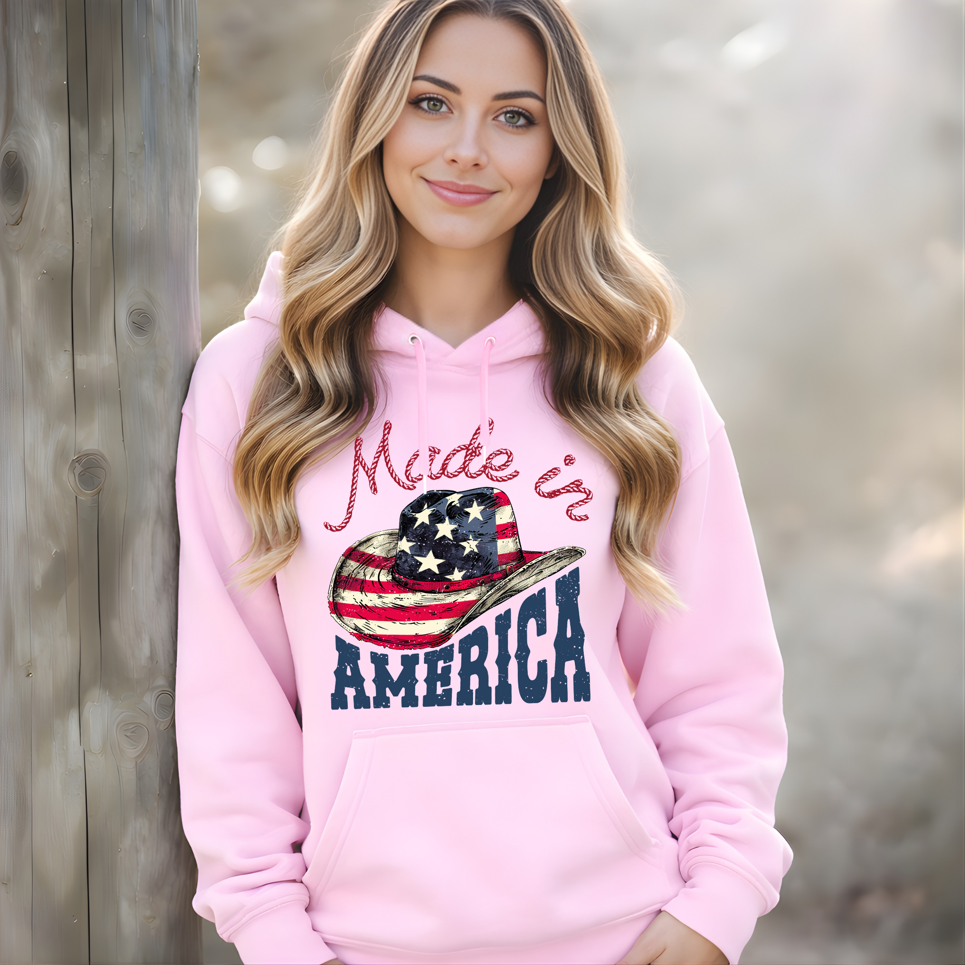 Woman wearing a pink hoodie with 'Made in America' design against a wooden background