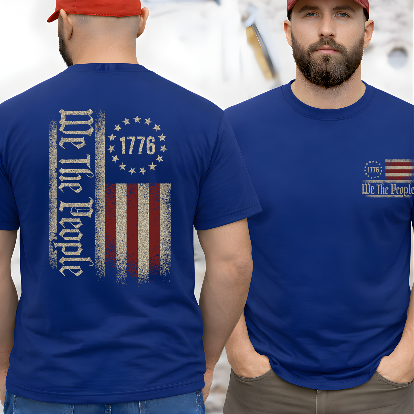 Man wearing a blue t-shirt with 'We The People' and '1776' design on the front and back.