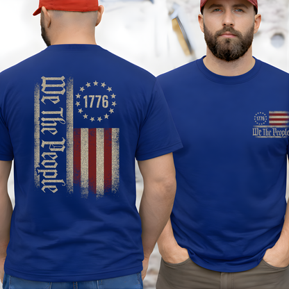 Man wearing a blue t-shirt with 'We The People' and '1776' design on the front and back.