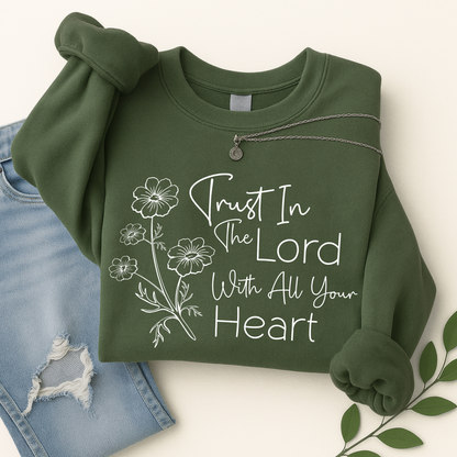 Military green unisex Christian sweatshirt flat lay with floral scripture design