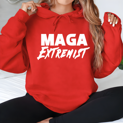 Woman wearing red MAGA Extremist hoodie with white text, bold patriotic sweatshirt