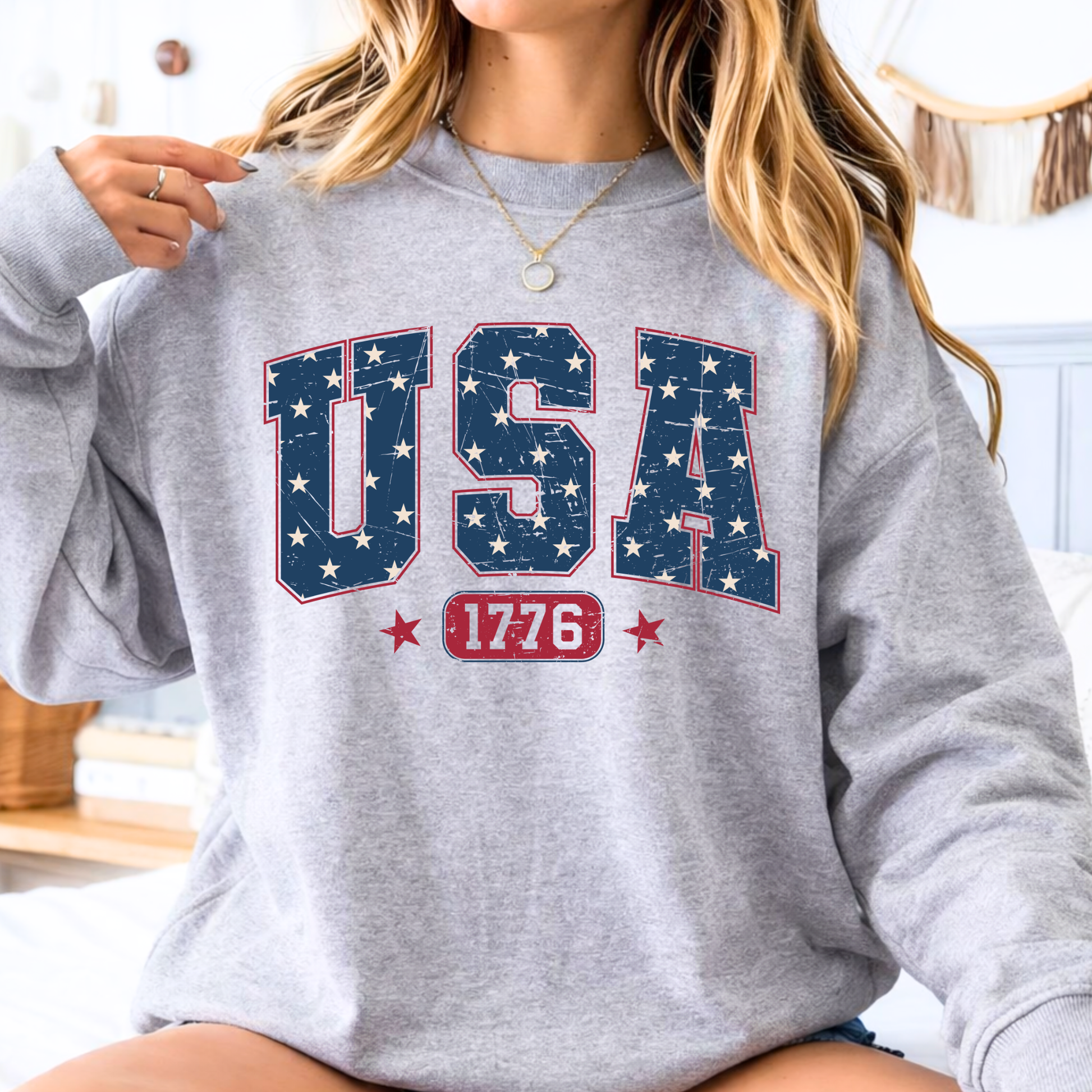 America 250 USA 1776 patriotic sweatshirt in sports gray, distressed American flag lettering, celebrating 250 years
