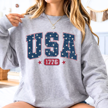 America 250 USA 1776 patriotic sweatshirt in sports gray, distressed American flag lettering, celebrating 250 years