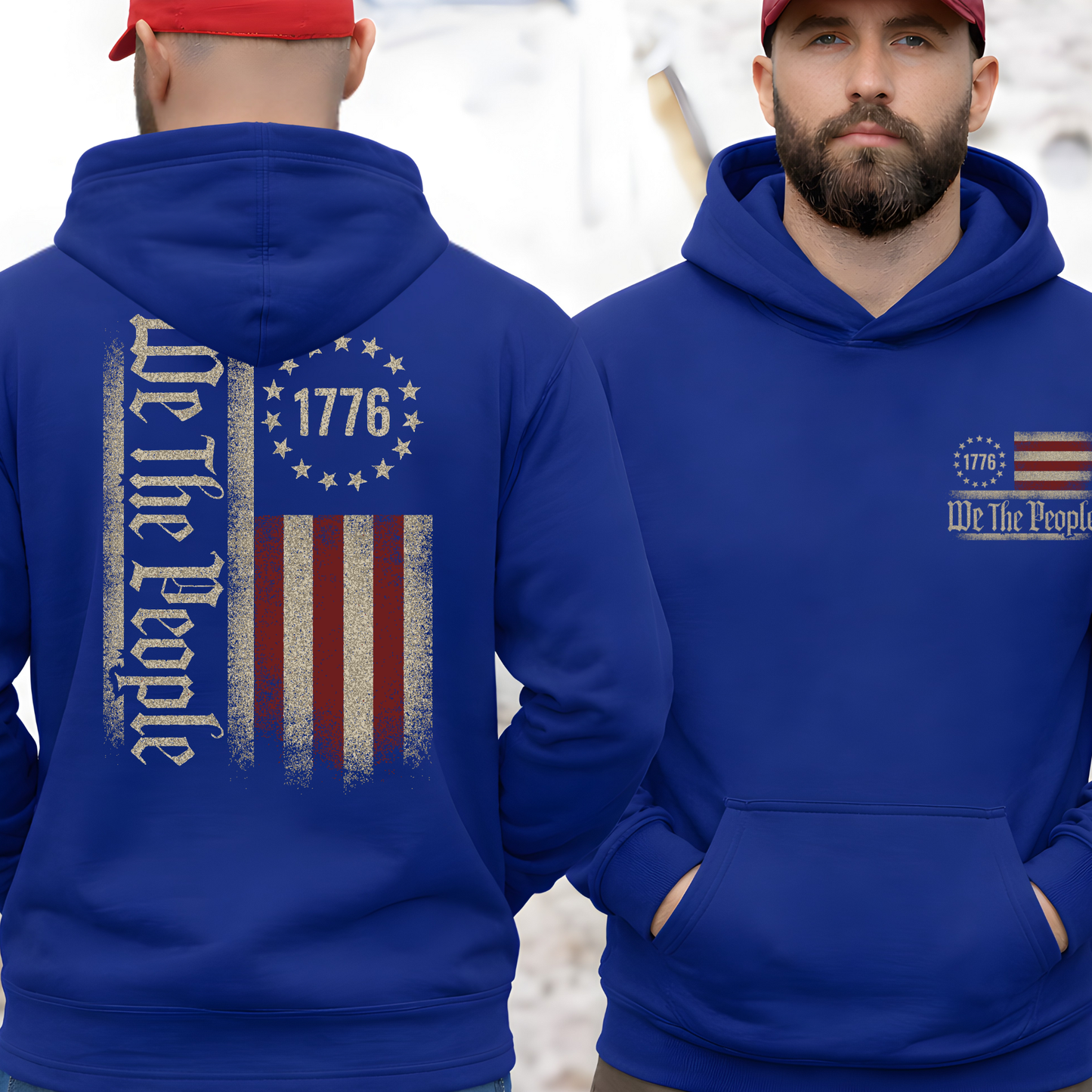 Man wearing a blue hoodie with 'We The People' design, showing front and back views.