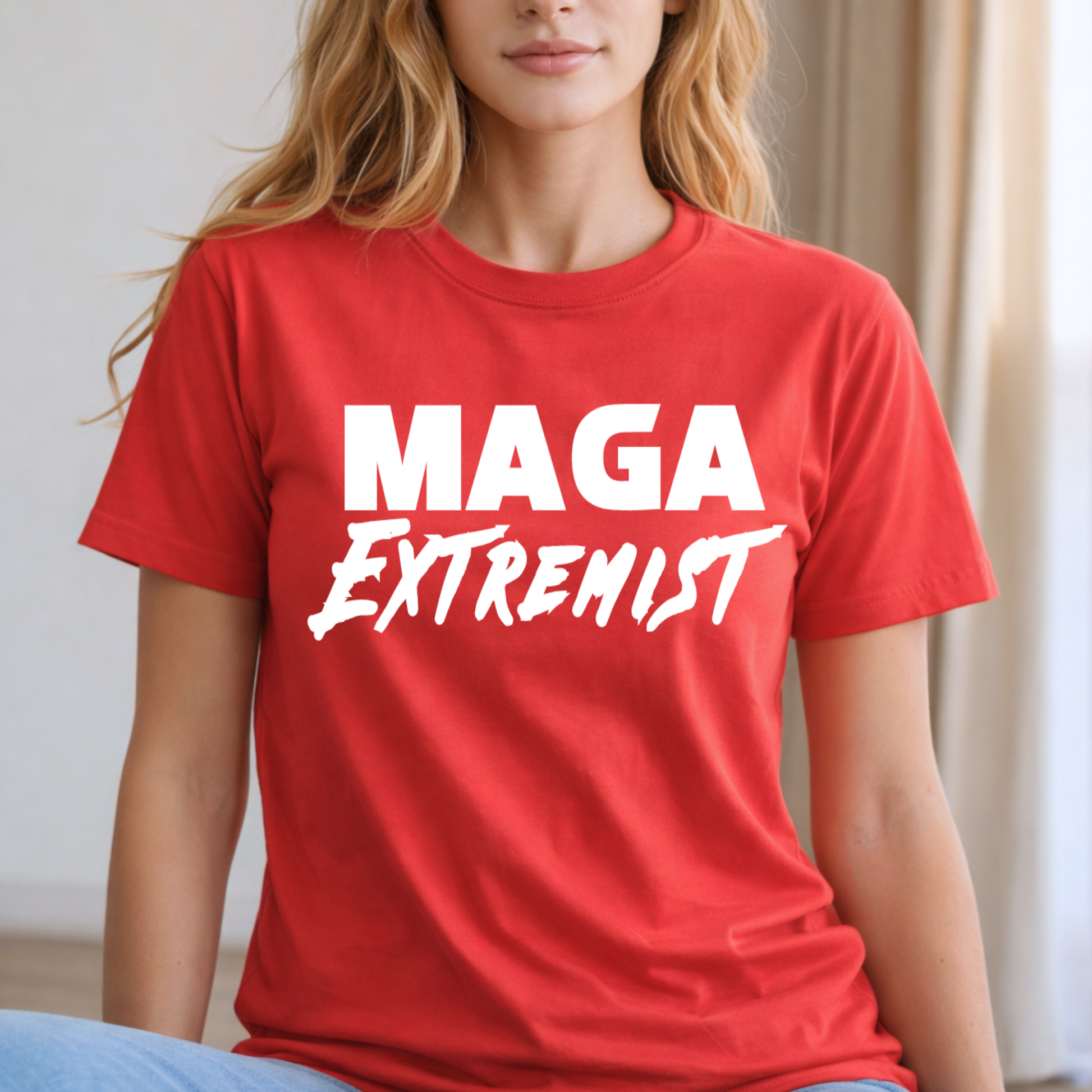 Woman wearing red MAGA Extremist t-shirt indoors, conservative statement shirt