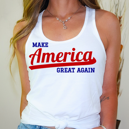 Patriotic woman wearing a white Make America Great Again tank top with bold red and blue lettering