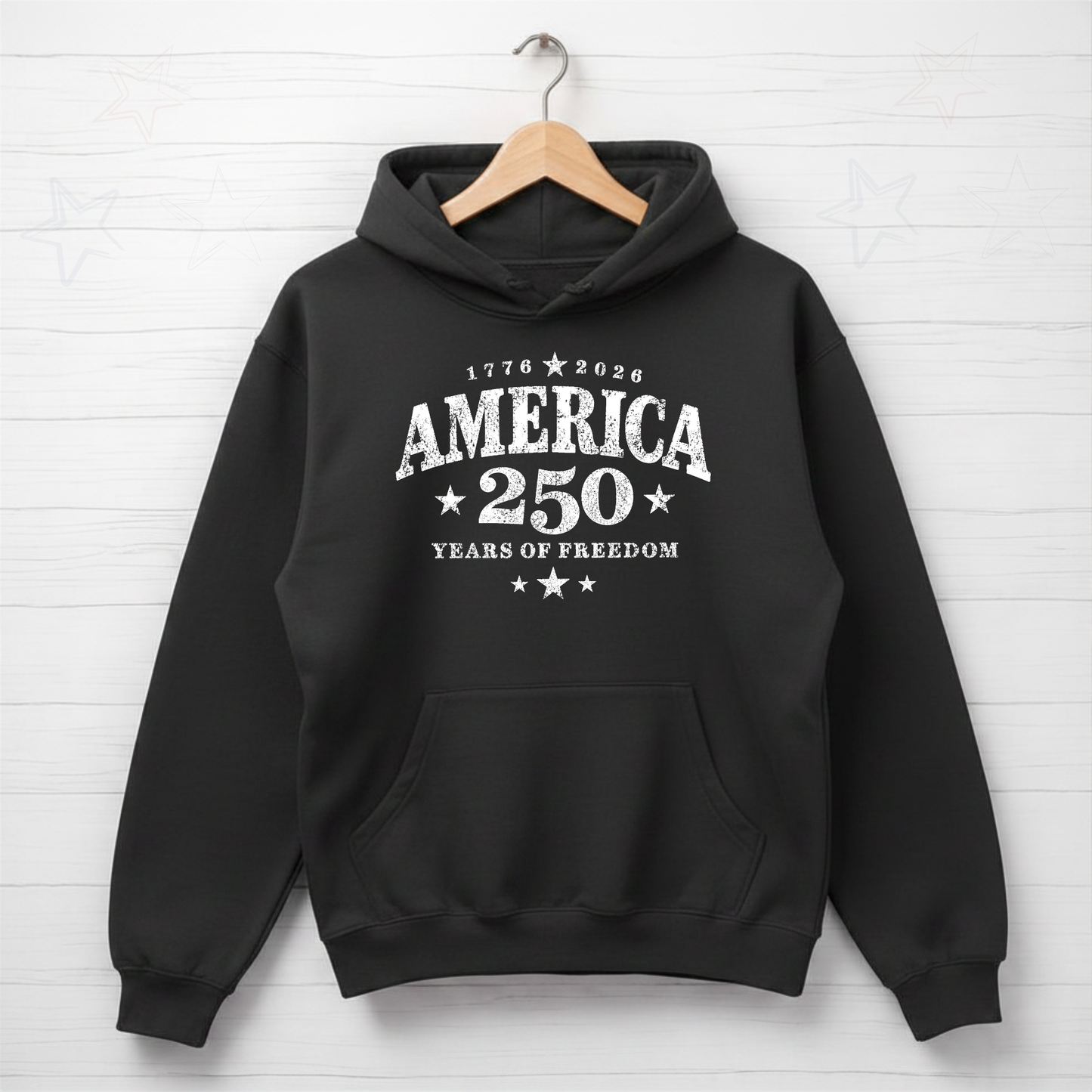 Black hoodie with 'America 250 Years of Freedom' text on a white background