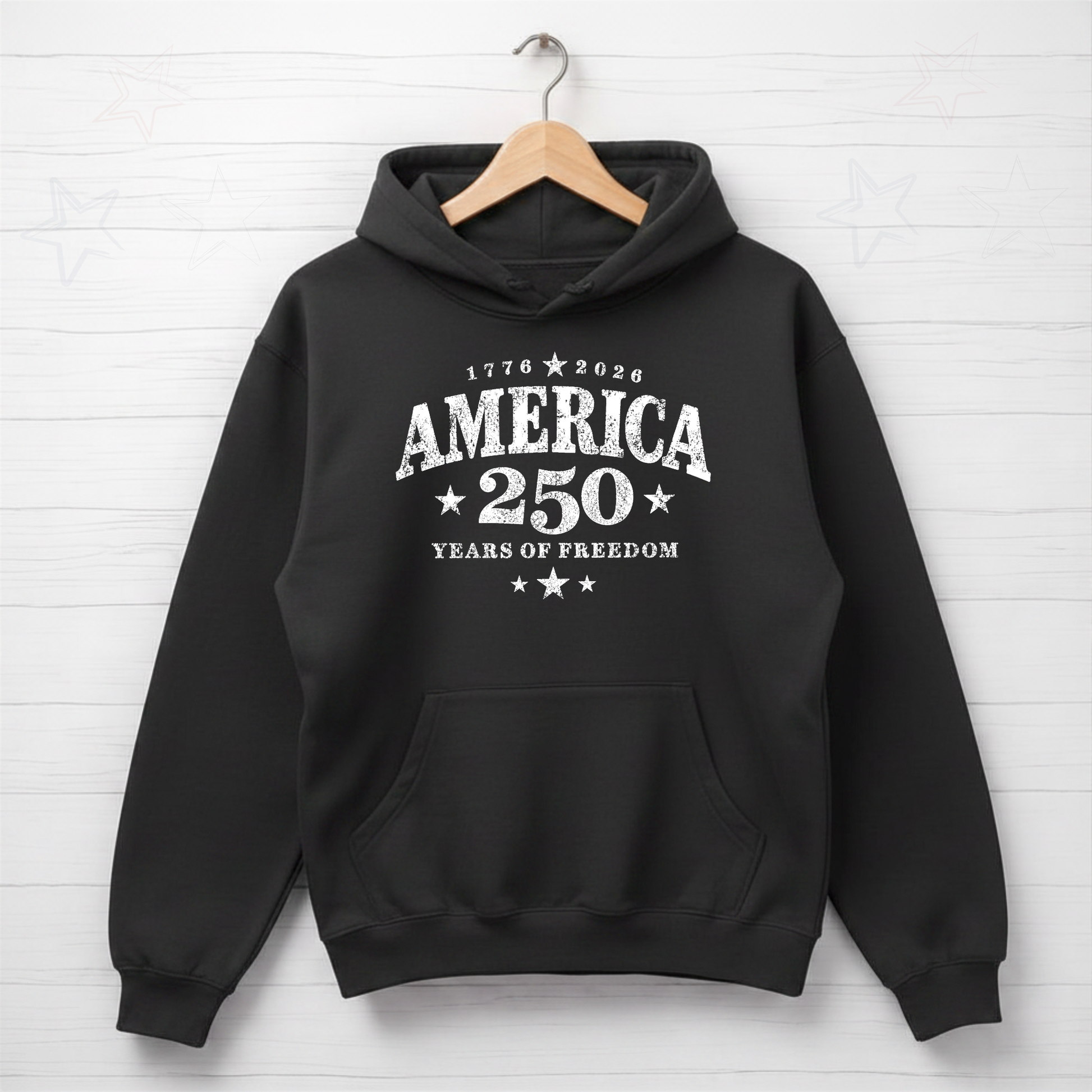 Black hoodie with 'America 250 Years of Freedom' text on a white background