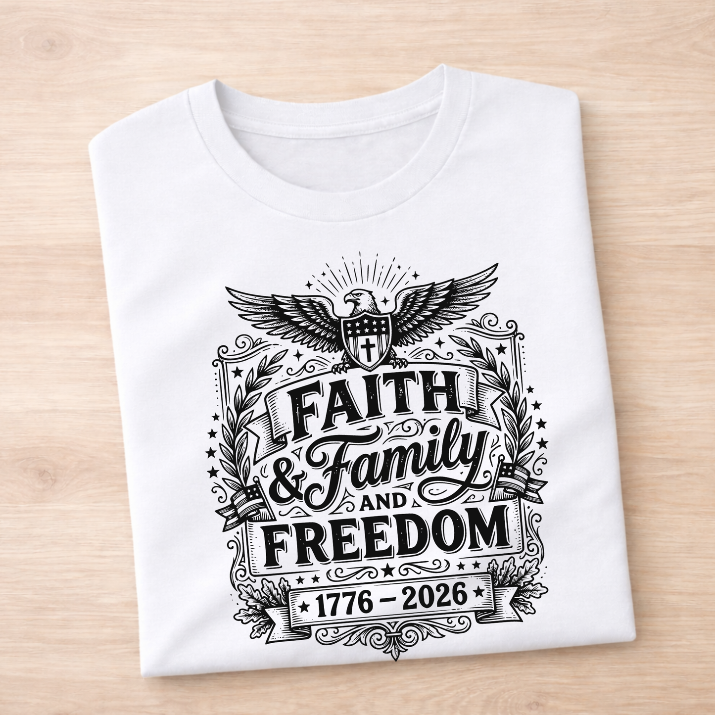White t-shirt with black patriotic graphic design on a wooden surface