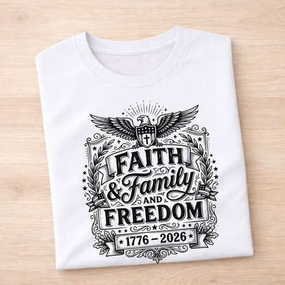 White t-shirt with black patriotic graphic design on a wooden surface
