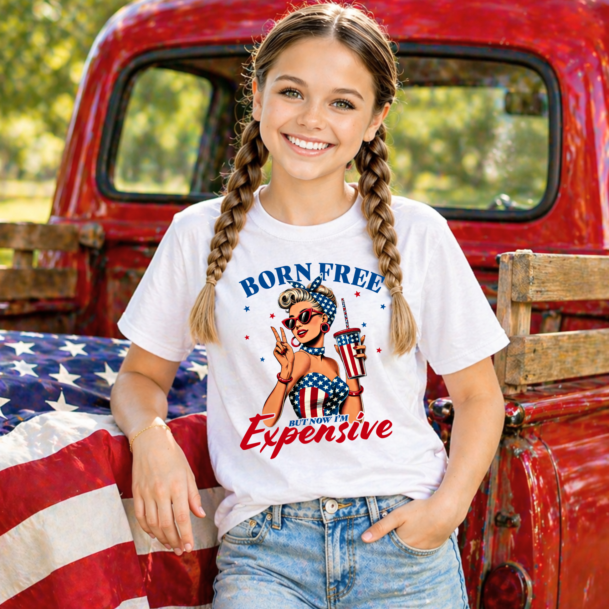 Girl wearing a 'Born Free But Now Im Expensive' t-shirt in front of a red truck with an American flag.