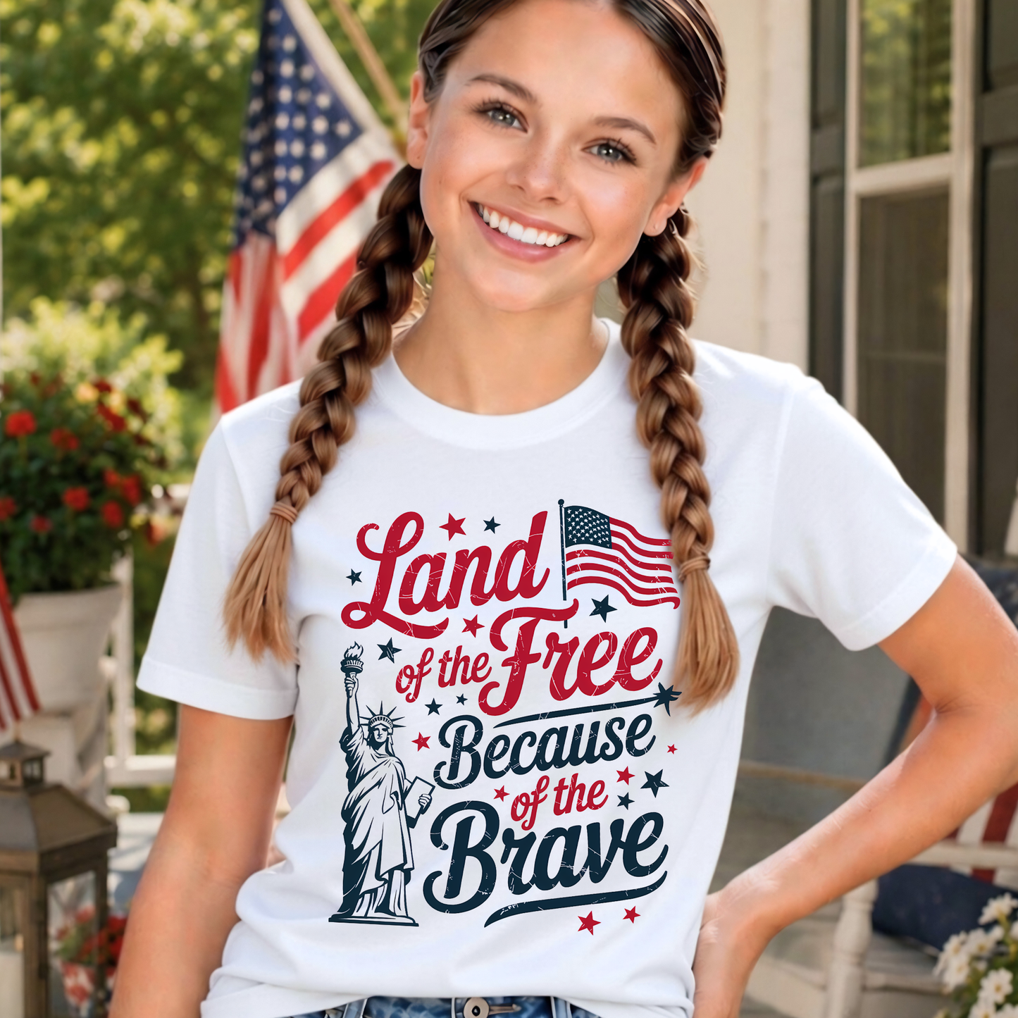 Tween girl wearing a white t-shirt with a patriotic design featuring the Statue of Liberty.