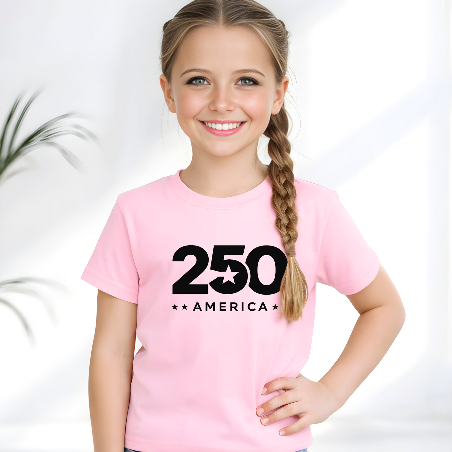 Young girl wearing a pink t-shirt with '250 America' print on a white background