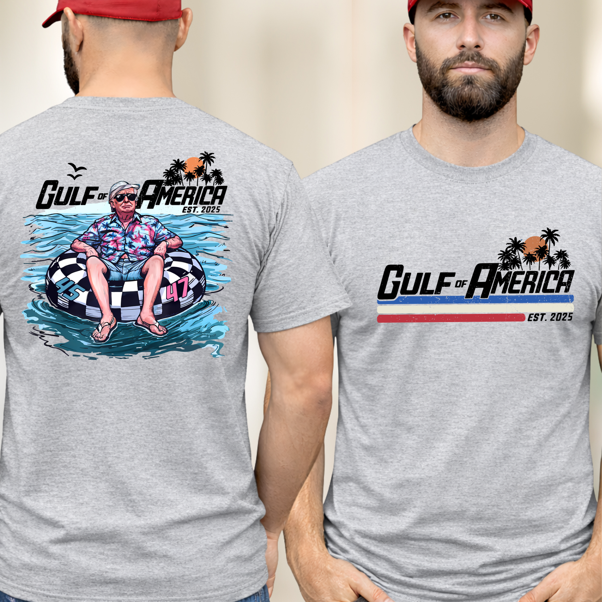 Gulf of America t-shirt front and back view, patriotic graphic shirt with palm trees and vintage beach design on sports gray tee