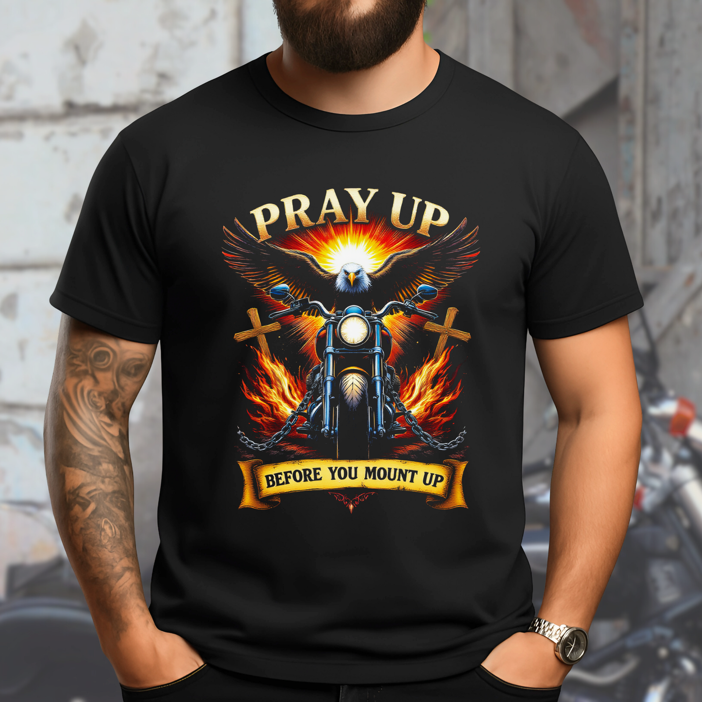 Men’s black Christian Tshirt with bold motorcycle and eagle graphic front view