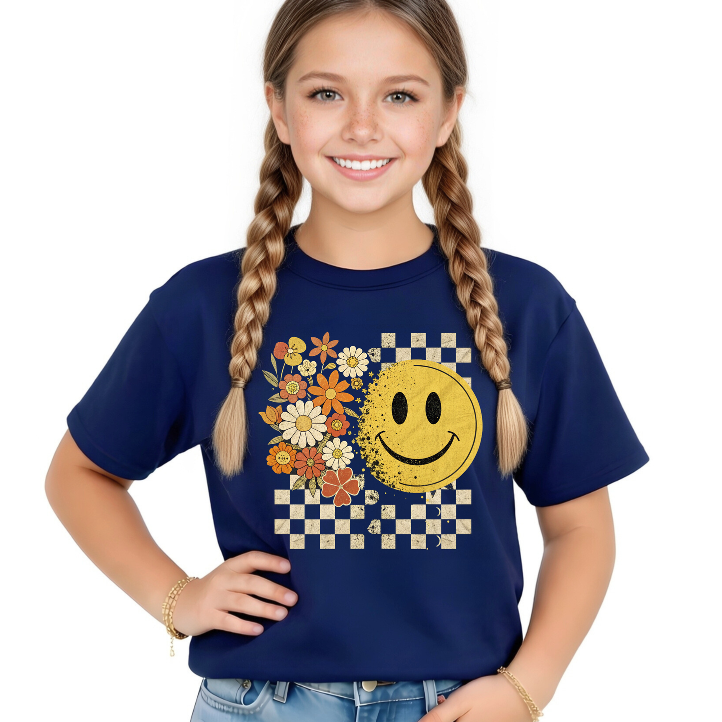 Girls Checkered Floral Happy Face Youth Shirt & Sweatshirt