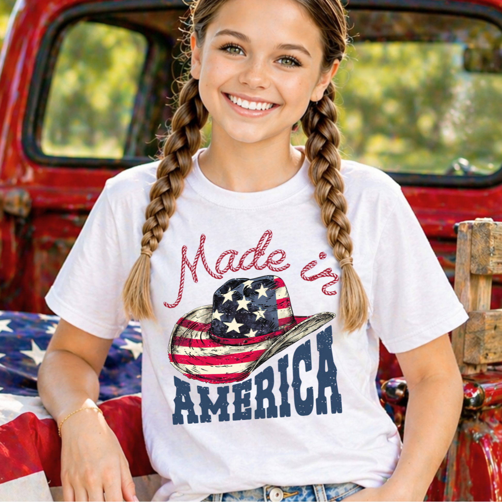 Young girl wearing a 'Made in America' t-shirt with an American flag graphic, sitting in front of a red truck.