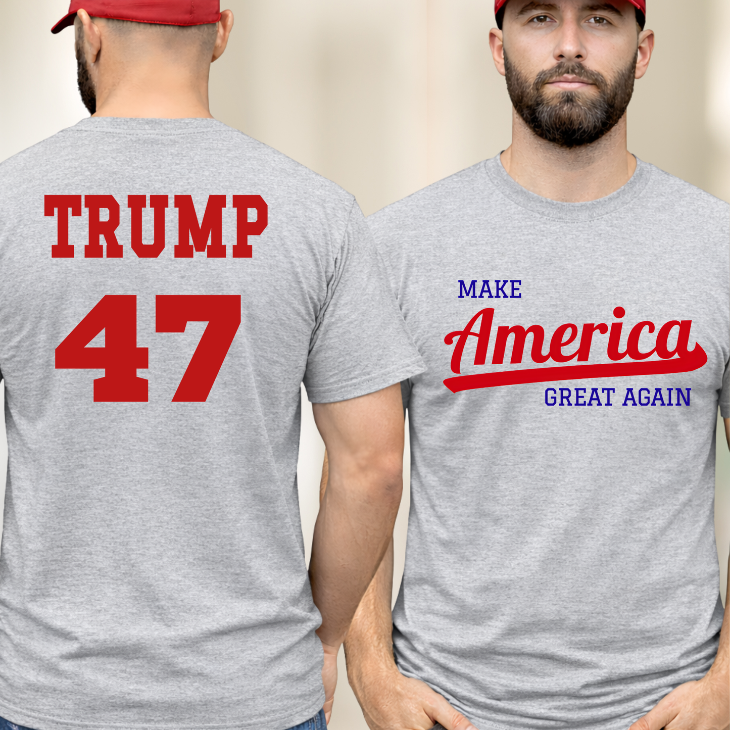 Trump 47 shirt front and back, Make America Great Again graphic t-shirt in sports gray, patriotic outfit