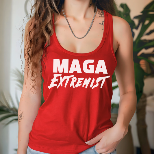 Woman wearing a red tank top with 'MAGA Extremist' text.