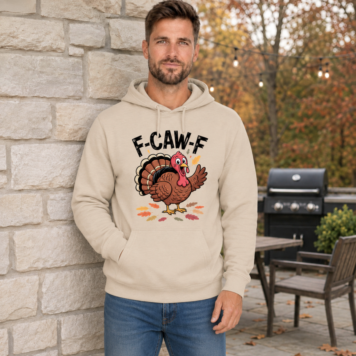 Man wearing a sand hoodie with a colorful F-CAW-F turkey graphic in a fall patio setting.