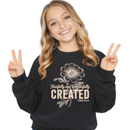 Youth girl wearing black sweatshirt with Fearfully and Wonderfully Created floral design making peace sign