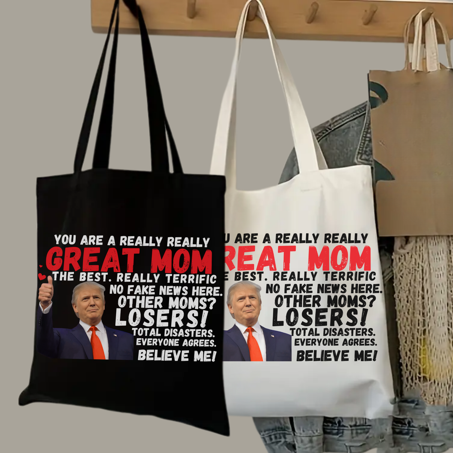 Tote bag with Trump quote hanging on chair – patriotic gift for her