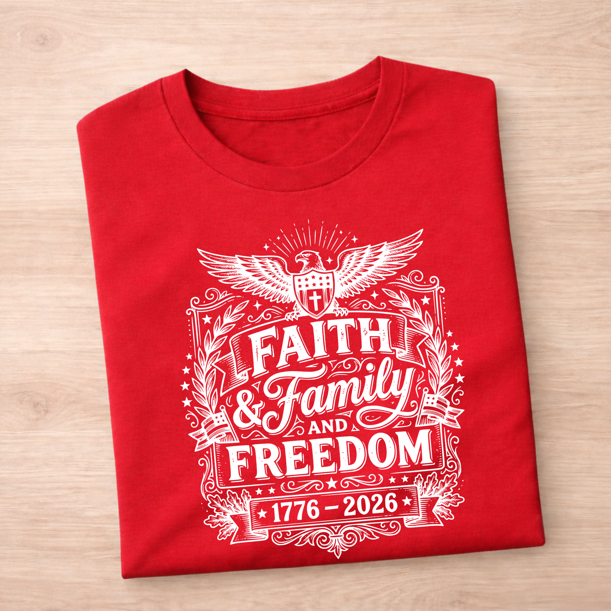Red t-shirt with white Patriotic easgle graphic design on a wooden surface