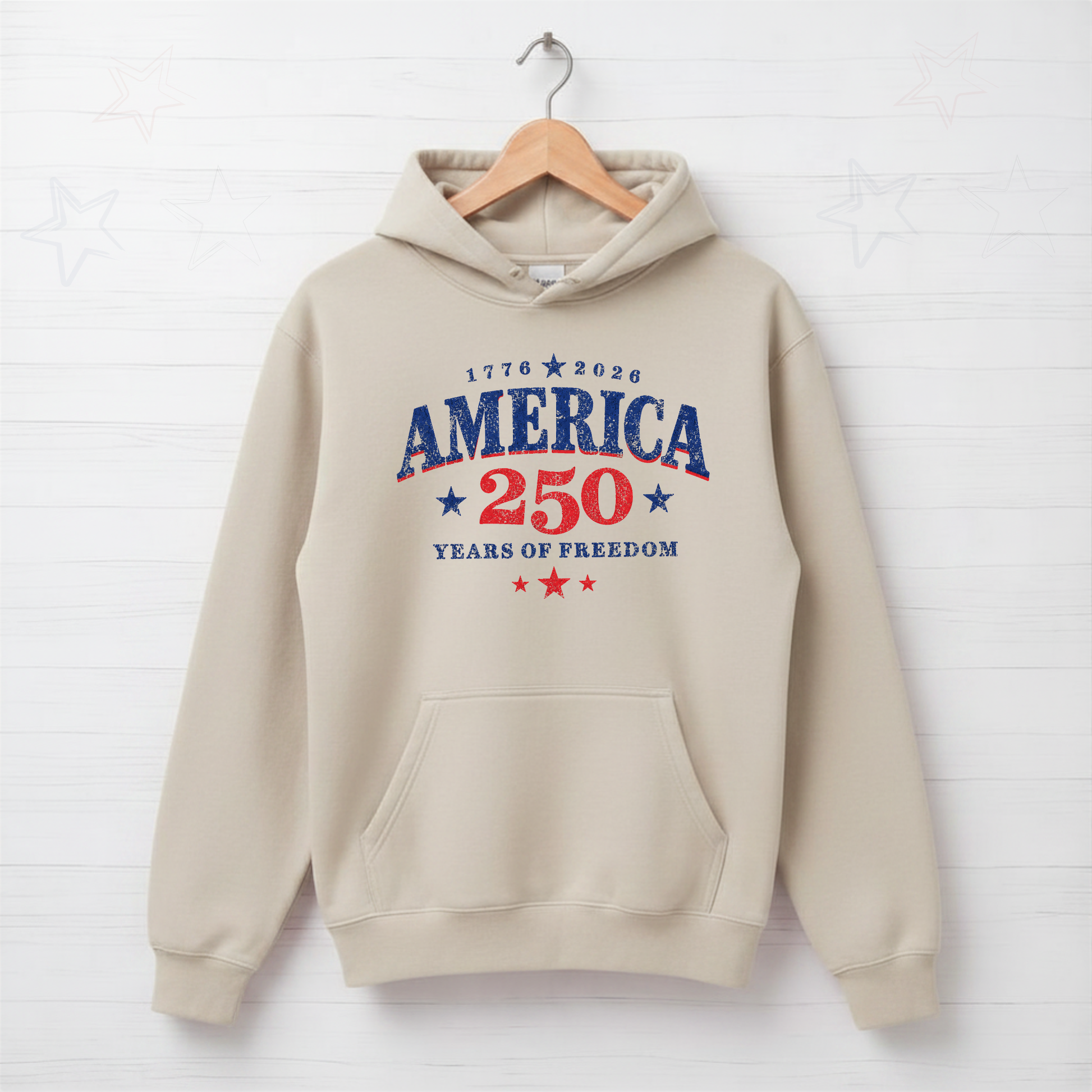 Beige hoodie with 'America 250' text on a white background