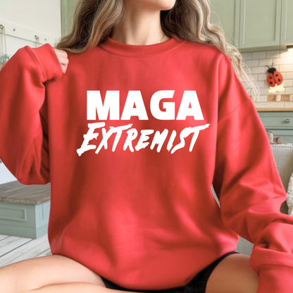 Woman wearing red MAGA Extremist crewneck sweatshirt, relaxed oversized fit