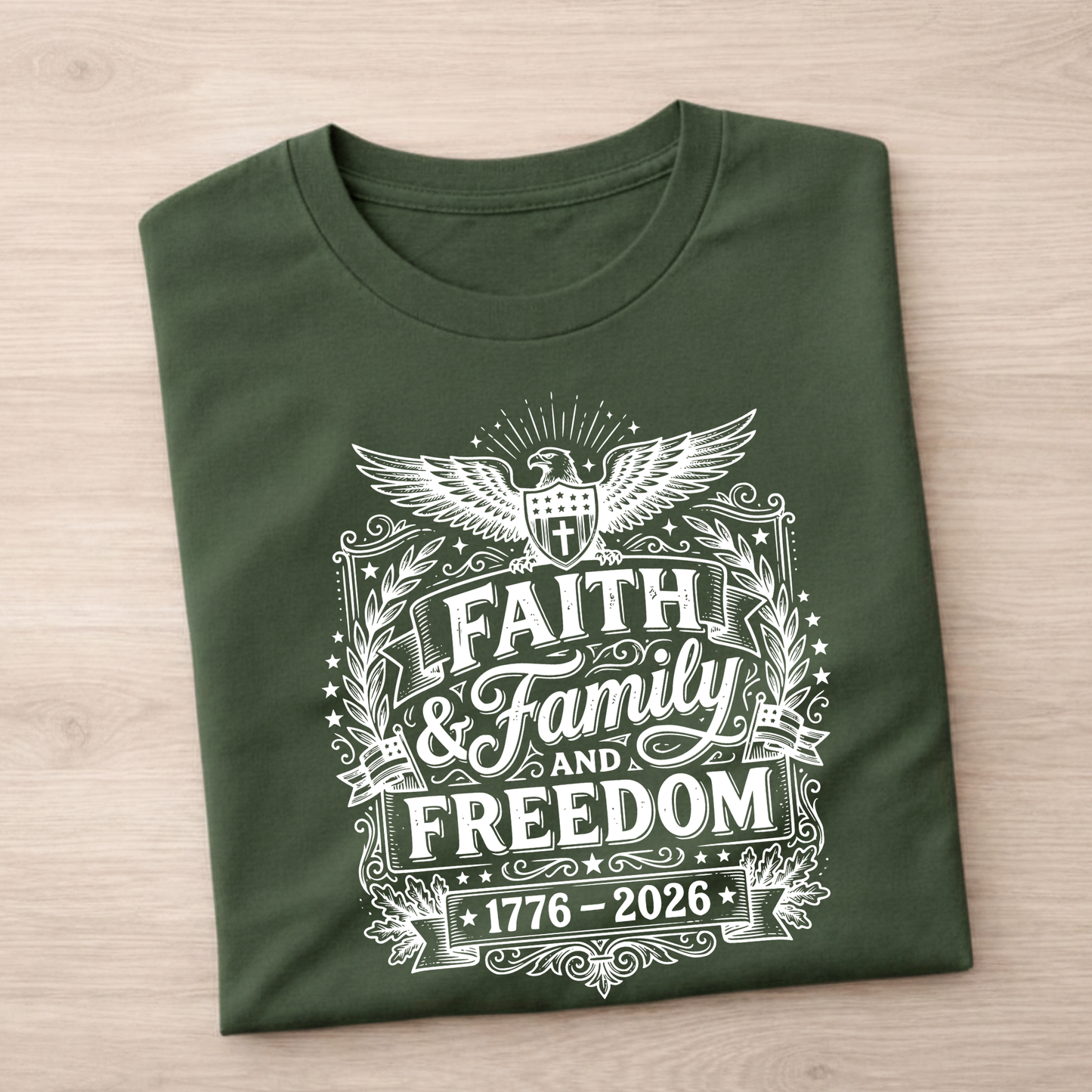 Green patriotic 1776-2026 t-shirt with white graphic design on a wooden surface