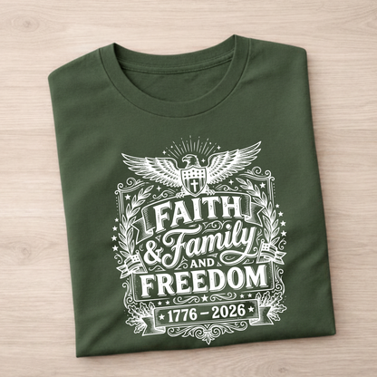 Green patriotic 1776-2026 t-shirt with white graphic design on a wooden surface