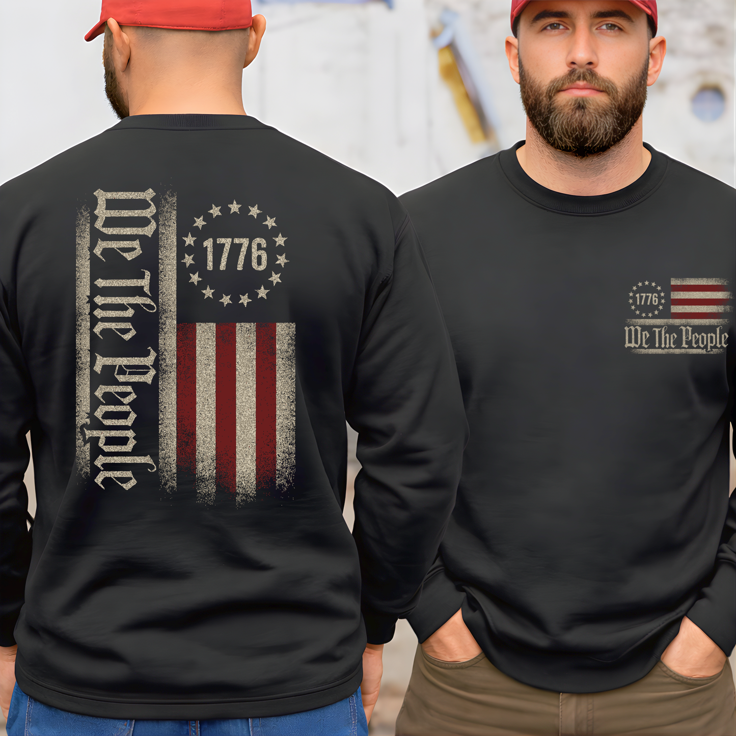 Black long-sleeve shirt with 'We The People' design on front and back, worn by a person.