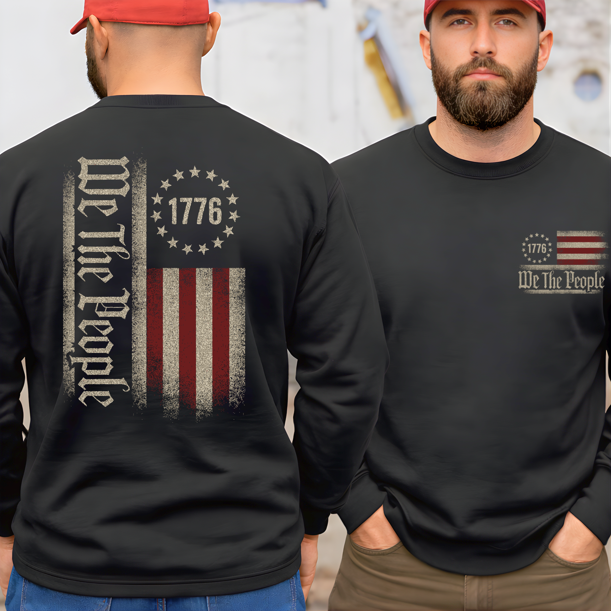Black long-sleeve shirt with 'We The People' design on front and back, worn by a person.