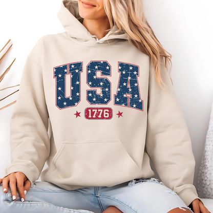 America 250 USA 1776 patriotic hoodie in sand beige, distressed American flag design, celebrating 250 years