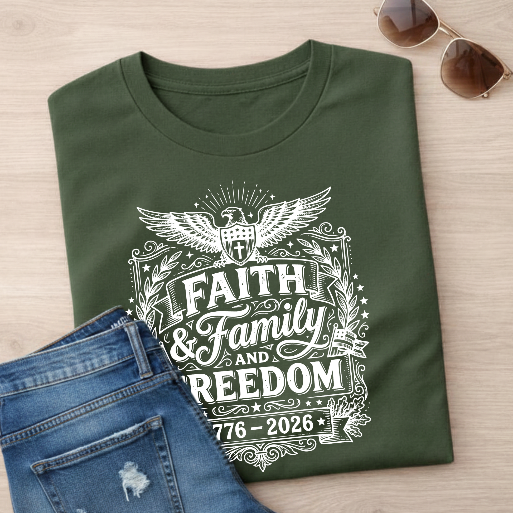 Green t-shirt with 'Faith & Family & Freedom' design on a wooden surface with jeans and sunglasses.