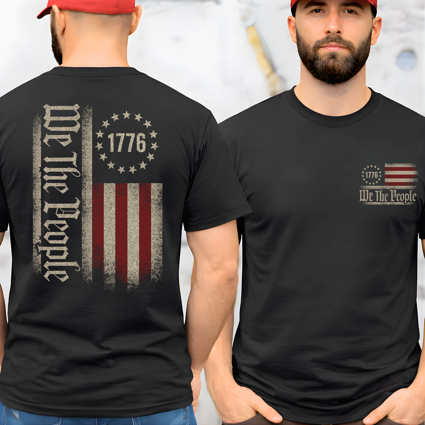 Man wearing a black t-shirt with 'We The People' and '1776' design on the front and back.