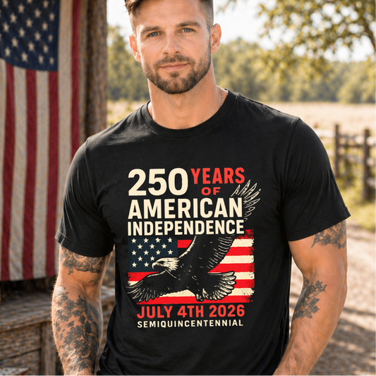 Adult man wearing black America 250 patriotic tshirt with eagle and American flag graphic celebrating 250 years of American independence July 4th 2026 patriotic apparel for men.