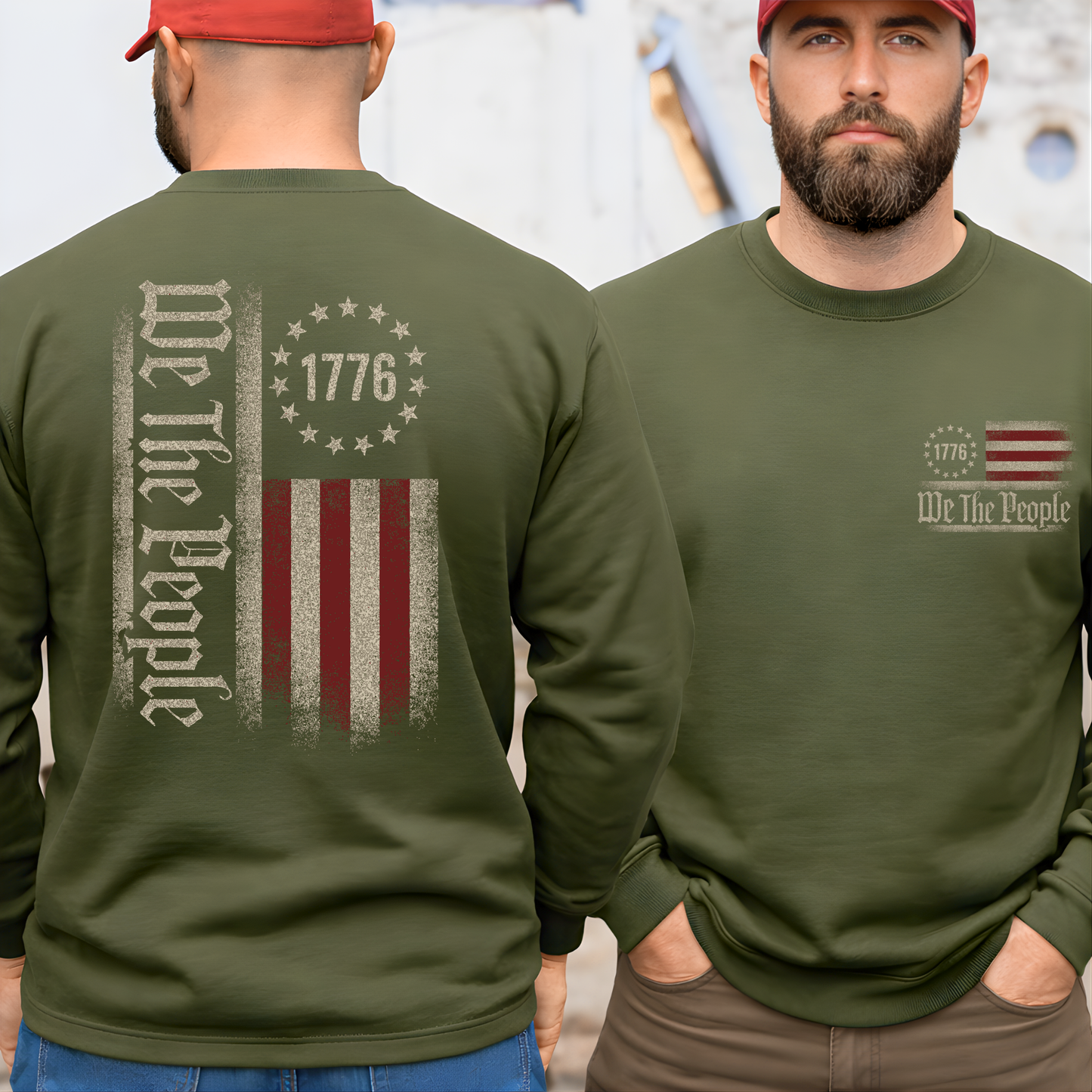 Man wearing a green long-sleeve shirt with 'We The People' and 1776 design on the front and back.