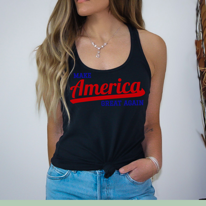 Confident woman in a black Make America Great Again tank top with vintage USA lettering style