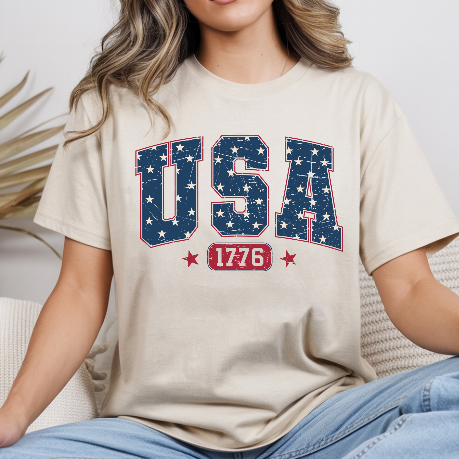 America 250 USA 1776 patriotic t-shirt in sand beige, distressed American flag lettering, 1776 to 2026 celebration