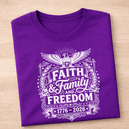 Purple patriotic  t-shirt with white text and design on a wooden surface