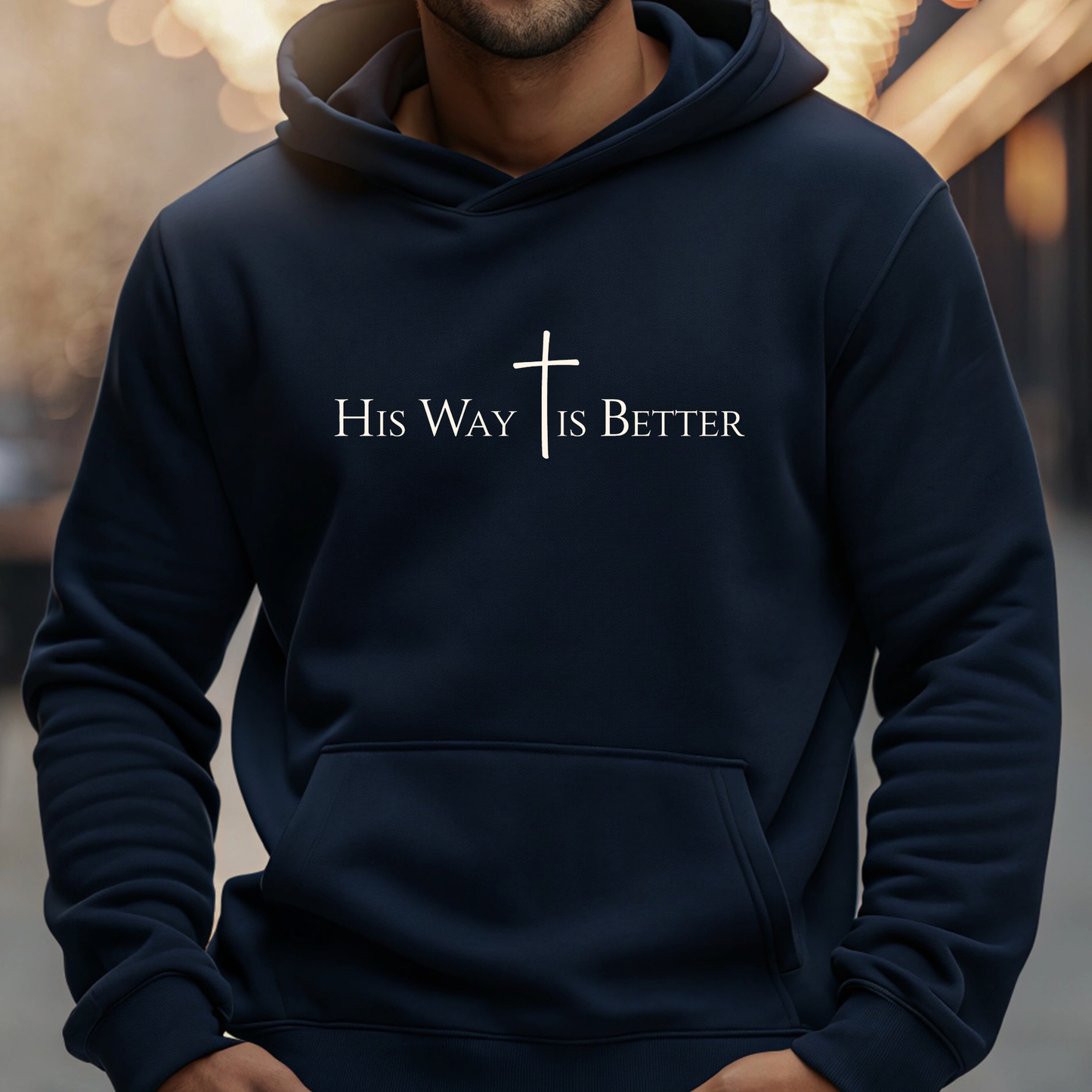 Navy hoodie with “His Way Is Better” cross design – Christian men’s faith sweatshirt