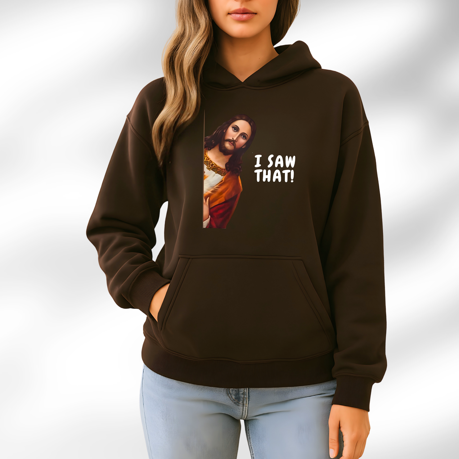 Woman wearing I Saw That funny Jesus graphic hoodie in brown
